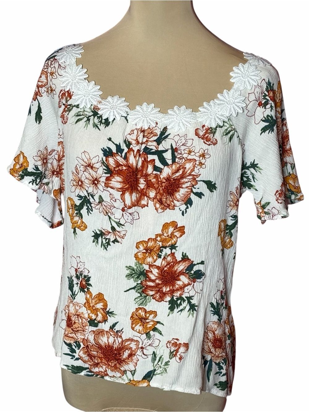 Amoli White Floral Lace Neck Top Rust Orange Green Boho Blouse Size M